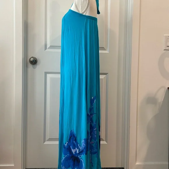 DG2 by Diane Gilman Turquoise Halter Maxi with Blue Floral Border - Picture 4 of 7